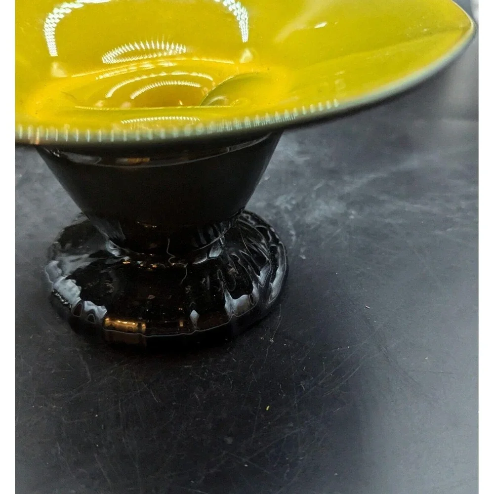 Vintage Bohemian Tango Glass Yellow Black Footed Bowl Compote 6.75